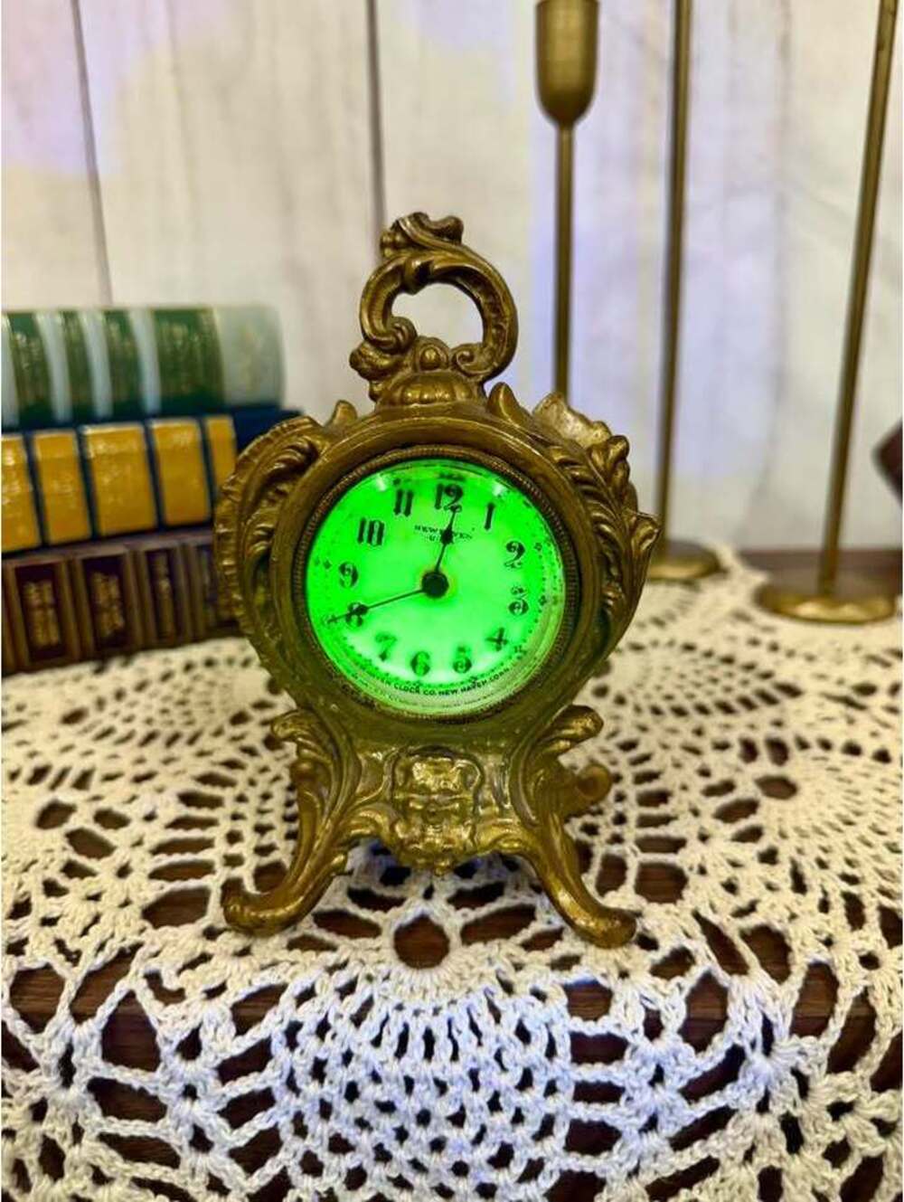 Antique New Haven Miniature Gilt Clock UV Reactive Face 5.5” As Is